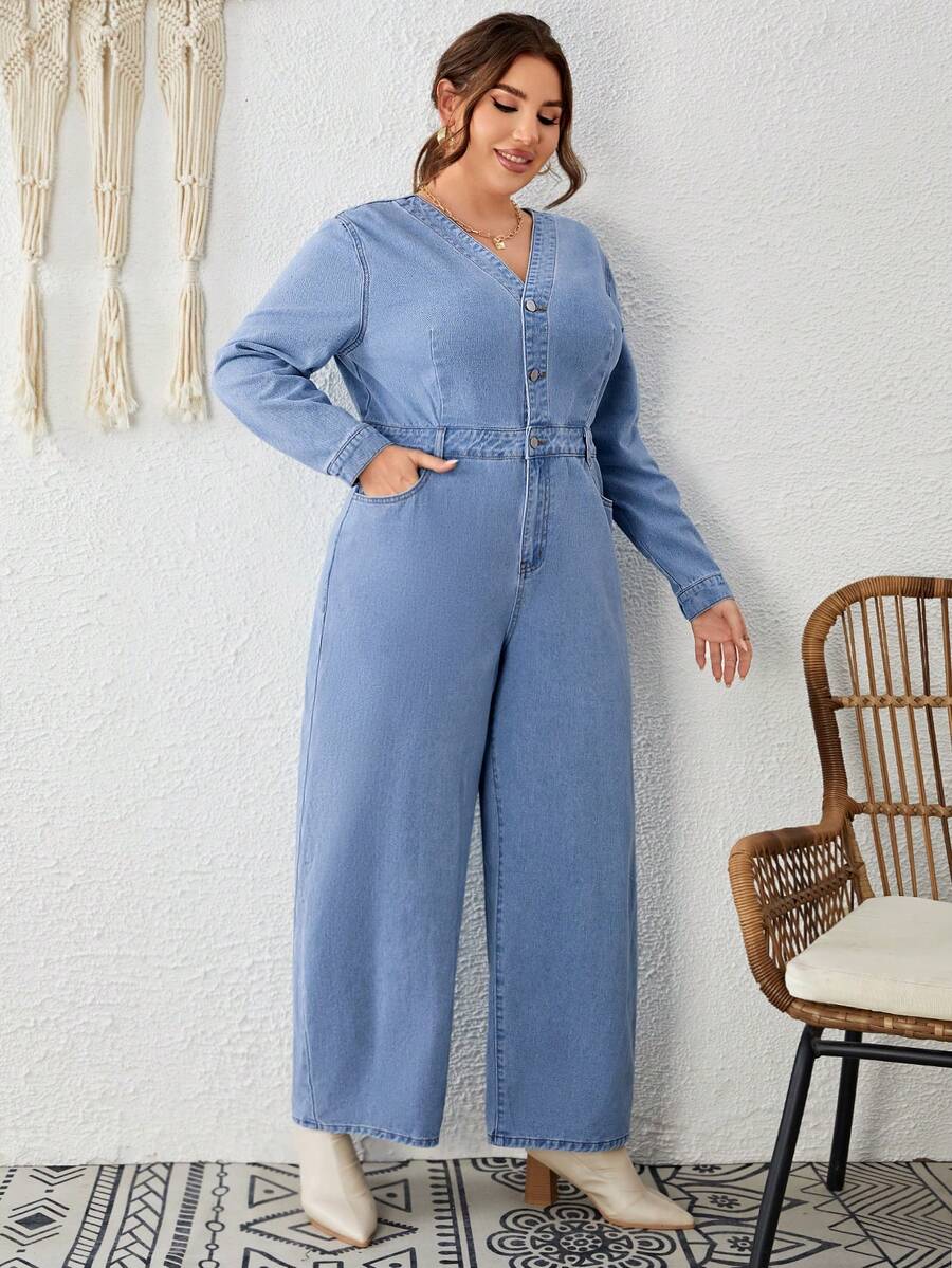 SHEIN LUNE 大碼前紐扣闊腿牛仔連身褲 - 淺色水洗藍 - 查看 1