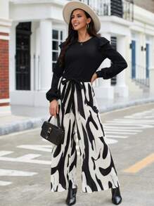 SHEIN Clasi Ruffle Trim Top & Graphic Print Belted Pants - Black and White - View 6