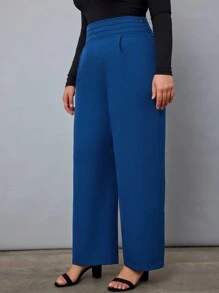 RueChic Plus Solid High Waist Wide Leg Pants - Navy Blue - View 5