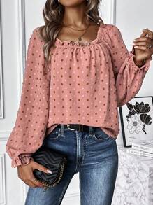 SHEIN LUNE Swiss Dot Flounce Sleeve Frill Trim Blouse