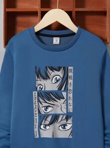 SHEIN 男大童日本字母和數字圖案加絨內裏運動衫 - 霧霾藍 - 查看 4