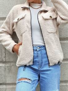 EURMUSE Flap Pocket Zipper Teddy Coat - Beige - View 1