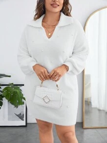 SHEIN Clasi Plus Pearls Beaded Drop Shoulder Sweater Dress - White - View 1