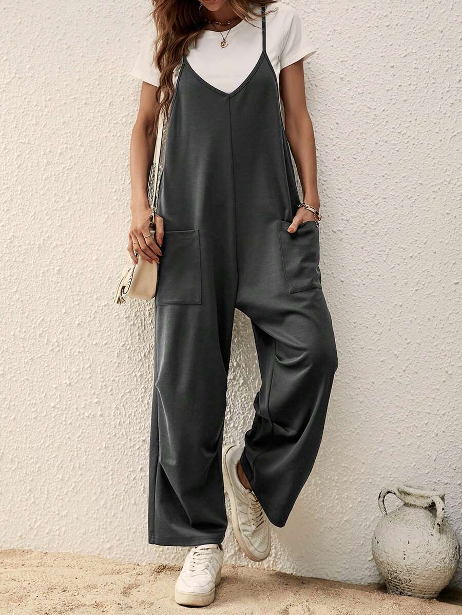 SHEIN LUNE Mono de tirantes de pierna ancha con doble bolsillo sin camiseta - Gris - Ver 1