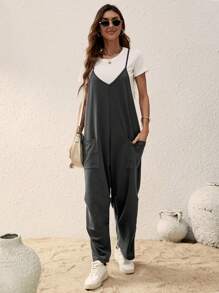 SHEIN LUNE Mono de tirantes de pierna ancha con doble bolsillo sin camiseta - Gris - Ver 4