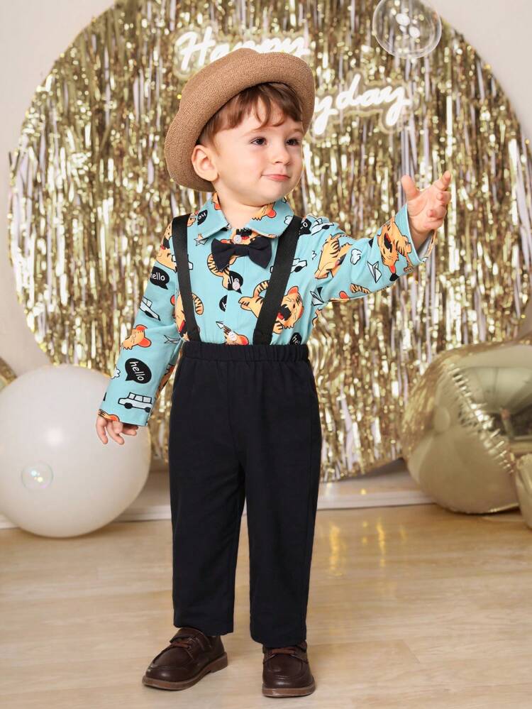 Baby Boy Cartoon Graphic Bow Front Shirt & Suspender Pants