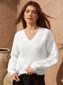 Bohemela V Neck Drop Shoulder Ripped Detail Sweater