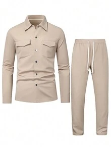 Manfinity Homme Men Flap Pocket Shirt & Drawstring Waist Pants - Beige - View 3
