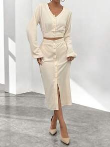 SHEIN Privé 素色前紐扣短款上衣&半身裙 - 米色 - 查看 4