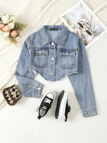 SHEIN Chica preadolescente Cazadora mezclilla crop con bolsillo con solapa bajo crudo