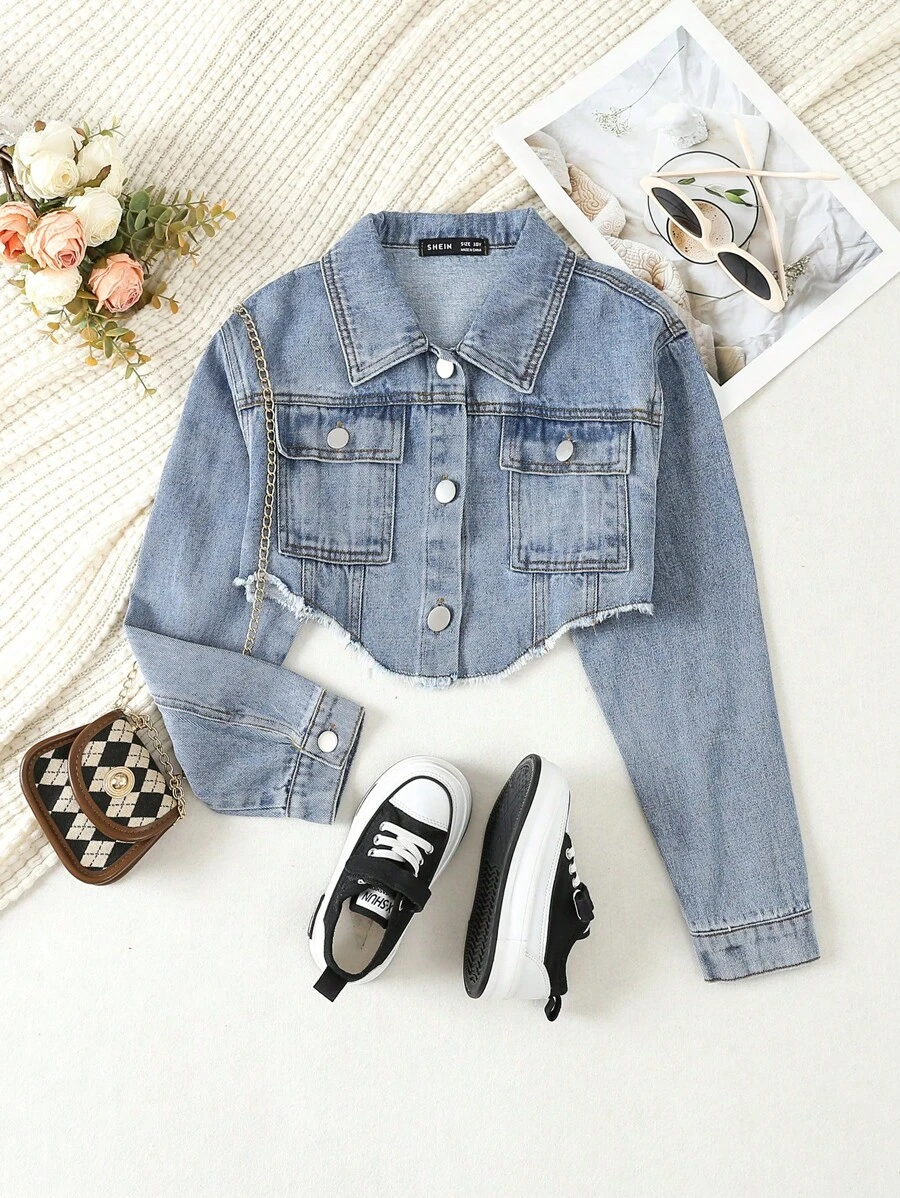 SHEIN Chica preadolescente Cazadora mezclilla crop con bolsillo con solapa bajo crudo