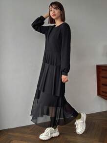 FRIFUL Solid Ruffle Hem Dress,Fall Clothes Long Sleeve Dress Maxi Dress - Black - View 7