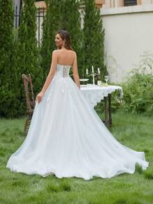 Contrast Embroidery Mesh Tube Wedding Dress Elegant Bridal Dress, Bride