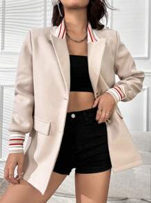 SHEIN LUNE Blazer de un solo pecho con detalle de solapa y ribete de rayas - Caqui - Ver 6