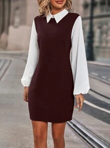 SHEIN Clasi Two Tone Lantern Sleeve 2 In 1 Dress - Coffee Brown - View 3