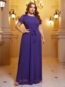 SHEIN Belle Plus Contrast Lace Belted Chiffon Dress - Mauve Purple - View 5