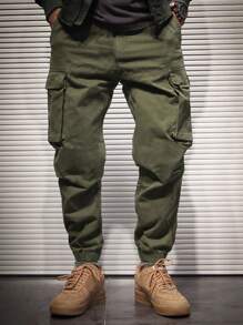 Manfinity Hypemode 寬鬆版型男士帶側口袋蓋式貨物褲 - 軍綠色 - 查看 1