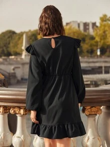 SHEIN Frenchy Ruffle Trim Lantern Sleeve Ruffle Hem Dress - Black - View 2