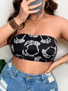 Ariqdhaksinargha Plus Skeleton Hand Print Tube Bikini Top - Black and White - View 1