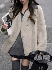 Solid Drop Shoulder Open Front Fuzzy Coat - Grey - View 6