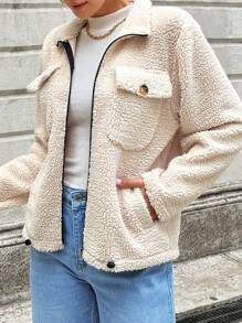 EURMUSE Flap Pocket Zipper Teddy Coat - Beige - View 4
