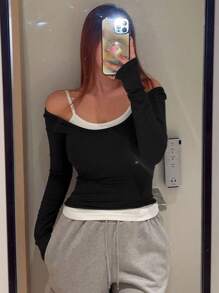 DAZY 二合一露肩T恤，秋季服装长袖女式上衣 - 黑色 - 查看 3