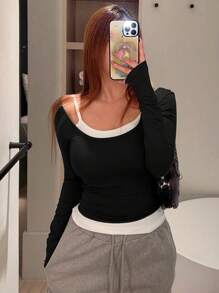 DAZY 二合一露肩T恤，秋季服装长袖女式上衣 - 黑色 - 查看 4