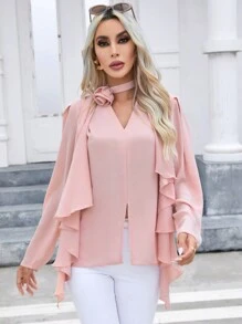 SHEIN Privé Chất rắn Viền Ruffle Viền chia cắt Áo sơ mi - Hồng - Xem 4