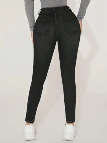 SHEIN PETITE High Waist Skinny Jeans - Black - View 2