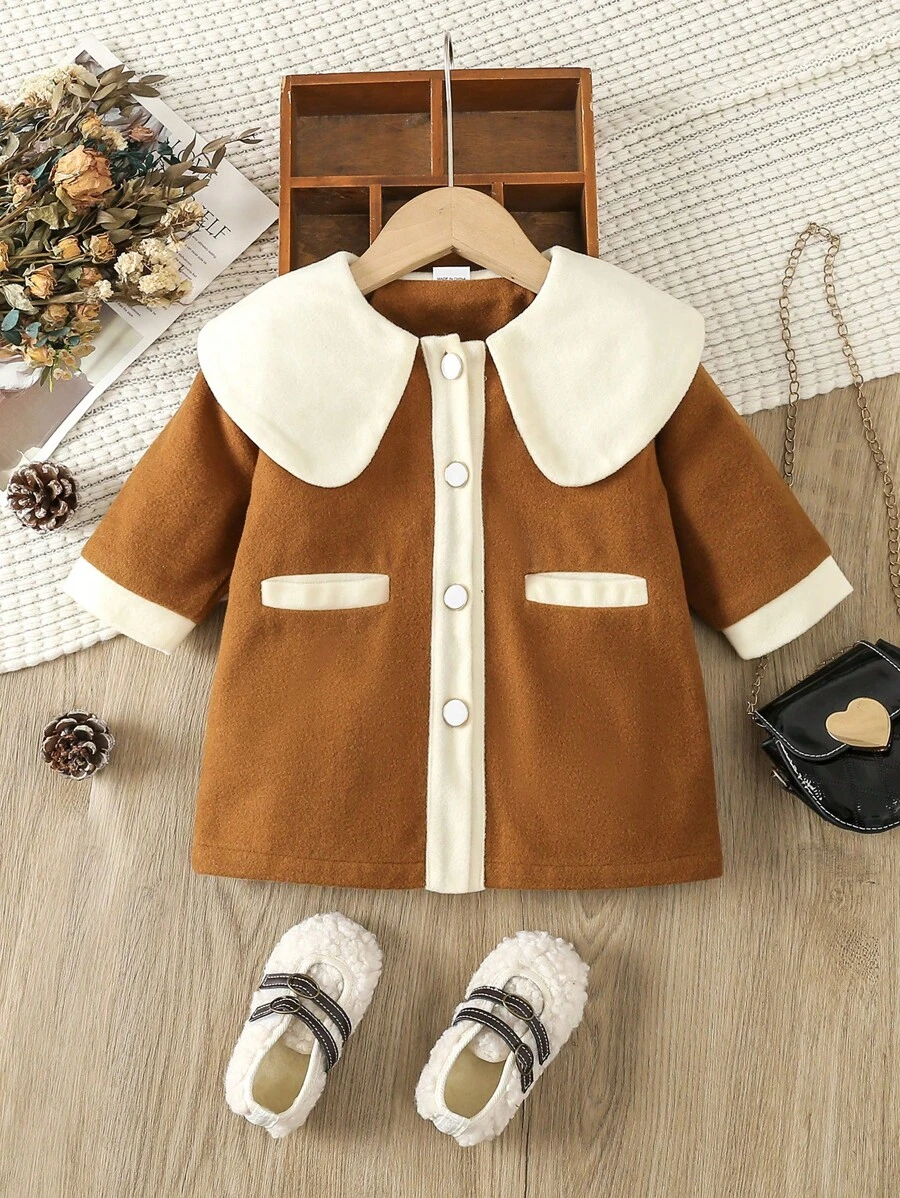 Palton de lână de culoare contrastantă pentru fetițe
