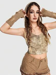 ROMWE Grunge Punk 破洞手套 - 卡其色 - 查看 3