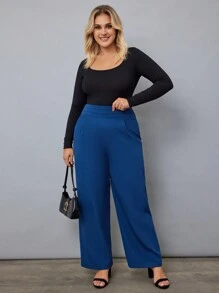 RueChic Plus Solid High Waist Wide Leg Pants - Navy Blue - View 4