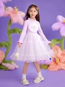 女大童愛心圖案褶邊網紗覆蓋洋裝