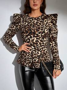 SHEIN Tall 豹紋印花羊腿袖T恤 - 彩色 - 查看 1