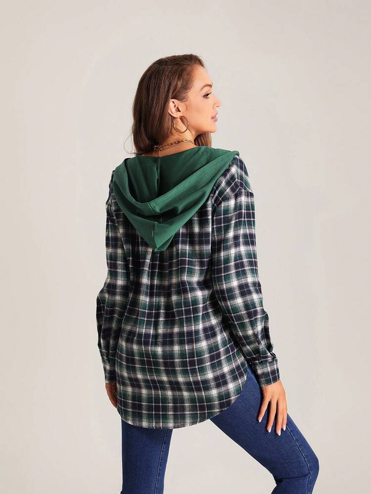 Plaid Print Drop Shoulder Hooded Coat