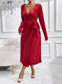 Zolique 純色裹身結側天鵝絨洋裝 - 酒紅色 - 查看 4