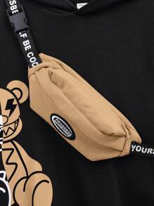 SHEIN Conjunto de Moletom com Capuz de Pelúcia de Urso para Meninos Pré-Adolescentes e Calça de Moletom com Bolso Canguru e Bolsa Transversal com Alça Suspensória com Estampa em Inglês, Flanelado Reforçado