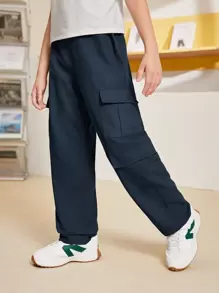 SHEIN Casual Loose Fit Cargo Pants For Tween Boys - Navy Blue - View 3