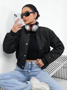 SHEIN Essnce Casual Plain Color Short Padded Padded Coat, Winter Clothes - Black - View 1