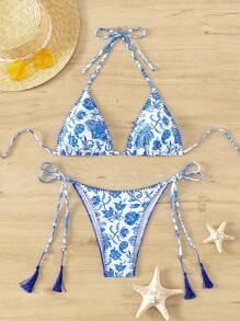 SHEIN Swim Bộ bikini tam giác dây in hoa đi biển mùa hè - Xanh và trắng - Xem 1