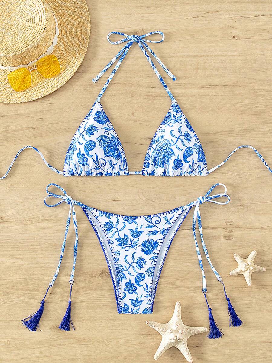 SHEIN Swim Bộ bikini tam giác dây in hoa đi biển mùa hè - Xanh và trắng - Xem 1