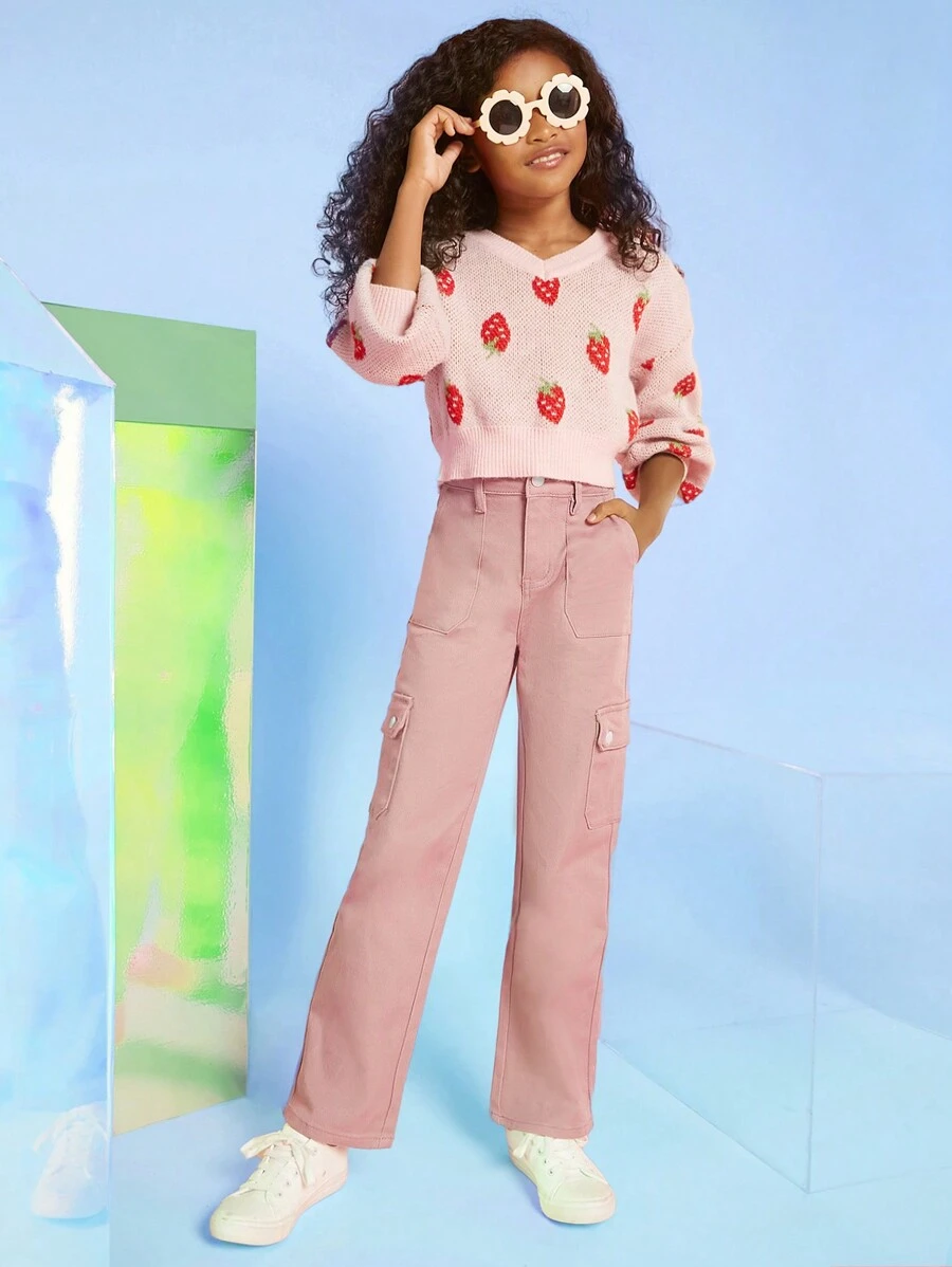 Tween Girl Flap Pocket Side Cargo Jeans - Dusty Pink - View 1