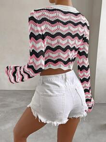 SHEIN Essnce Chevron Pattern Pointelle Knit Crop Sweater - Multicolor - View 2