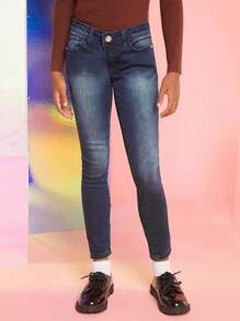 青少年女孩高腰牛仔褲 - 深色水洗藍 - 查看 3