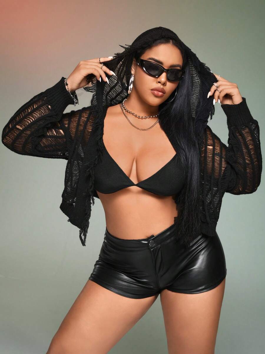 SHEIN ICON Hơn Đan Mở Thả vai áo có mũ Áo len Mở - màu đen - Xem 1