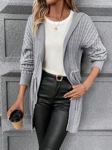 SHEIN LUNE Cable Knit Drop Shoulder Drawstring Waist Hooded Cardigan - Grey - View 1