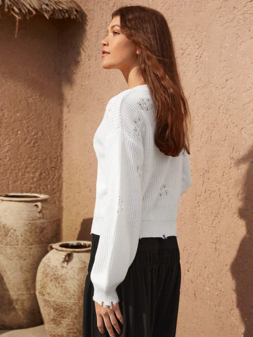 V Neck Drop Shoulder Ripped Detail Sweater
