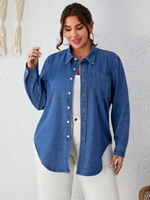 SHEIN LUNE 大碼口袋貼布牛仔襯衫