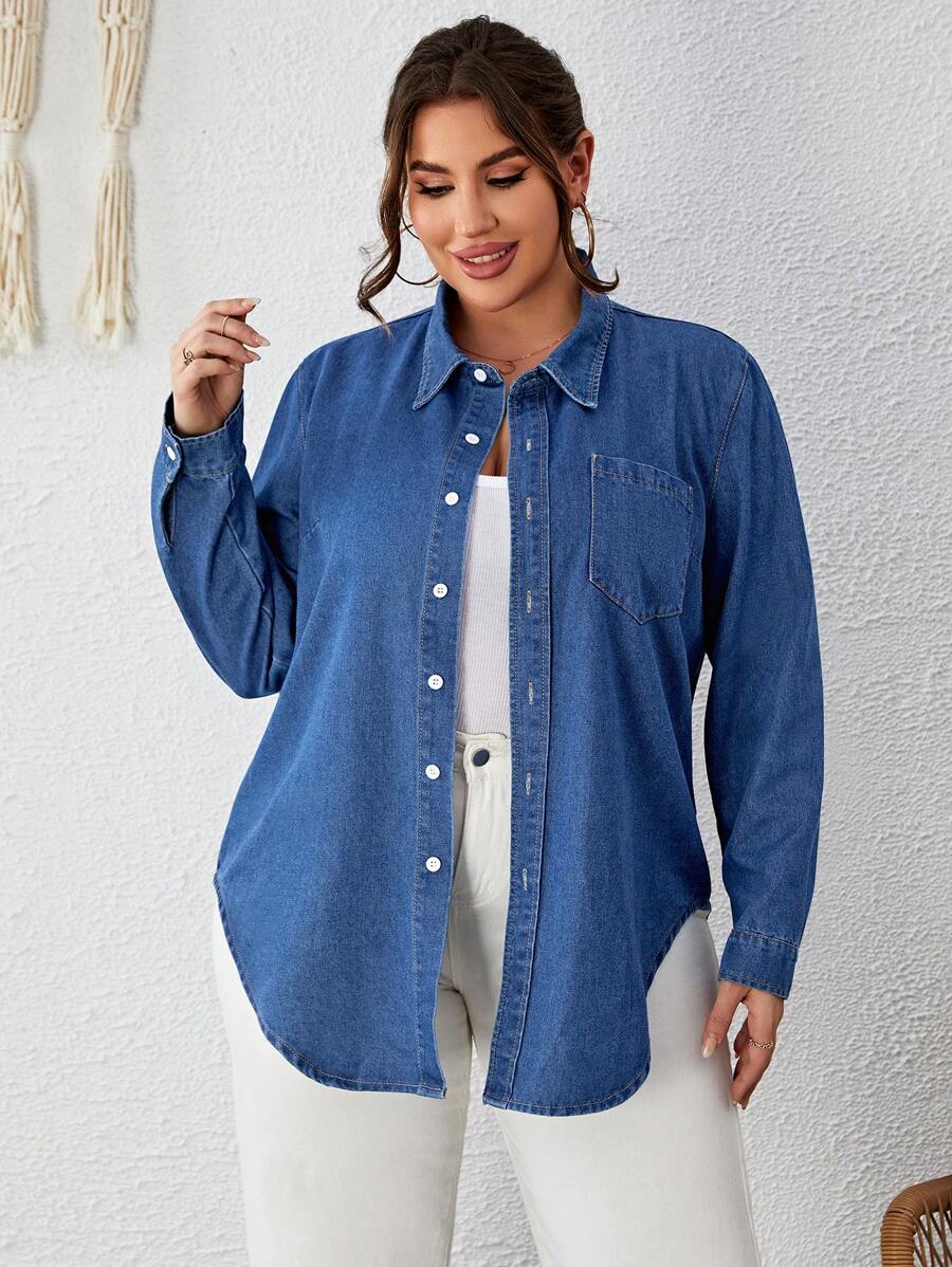 SHEIN LUNE 大碼口袋貼布牛仔襯衫