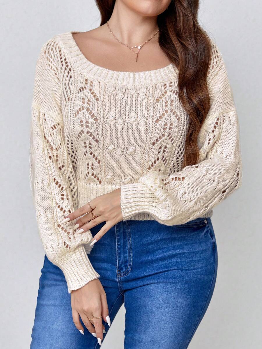 Celure Plus Pointelle Knit Drop Shoulder Sweater - Apricot - View 1